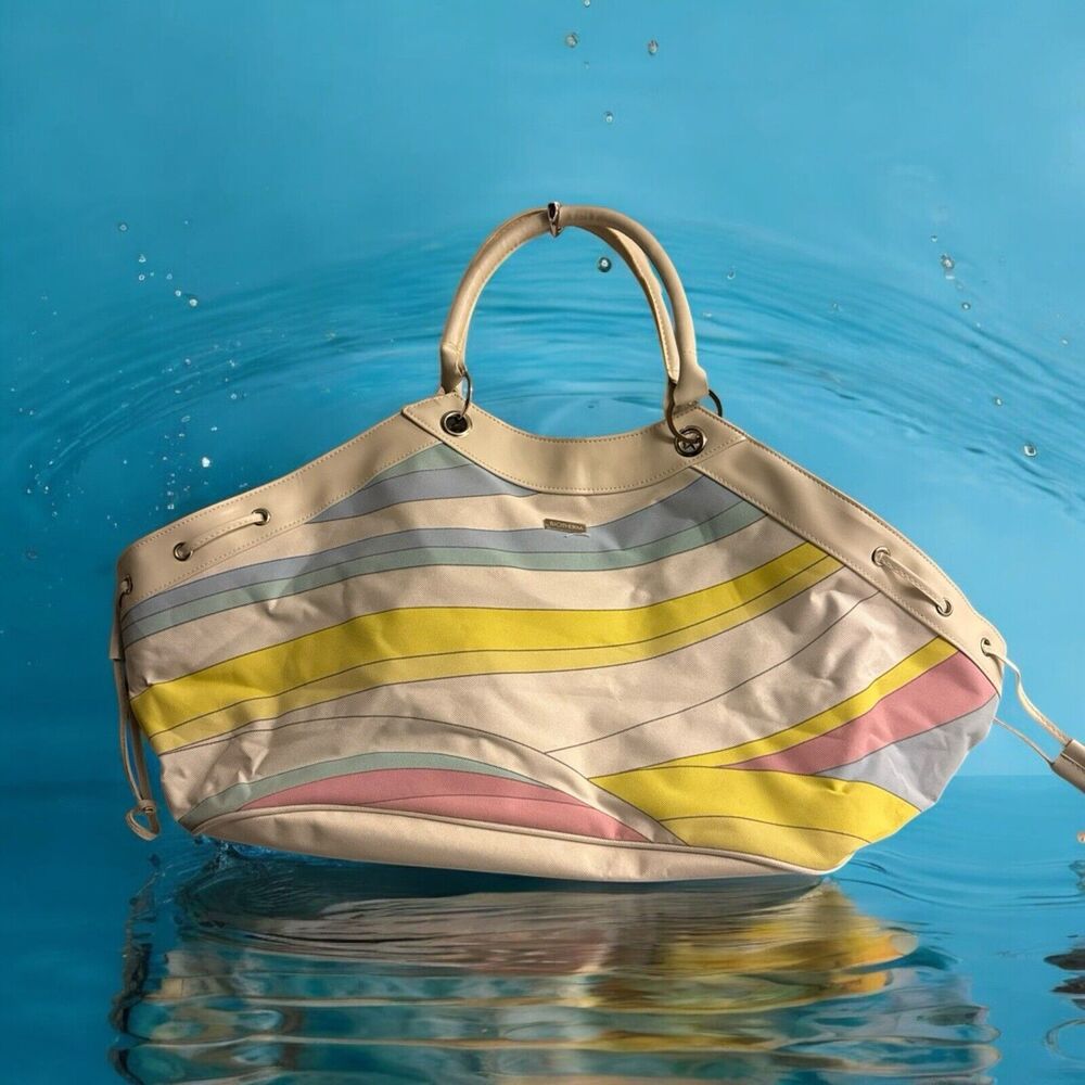 Biotherm Beach Tote Bag, White‎ Yellow Blue Swirls Handles and Lining NWOT